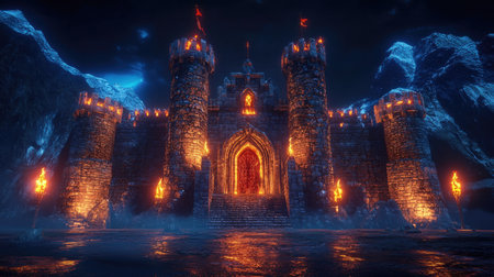 Majestic enchanted castle at night, featuring glowing torches illuminating its stone walls, surrounded by dark mountains, creating a magical atmosphere.の素材