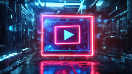 A stunning neon play button shines in a modern digital environment, surrounded by glowing elements that create an immersive and vibrant atmosphere. Perfect for media themes.の素材