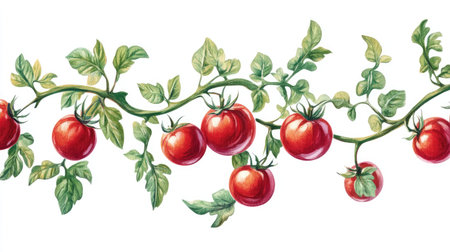 Vibrant illustration of fresh red tomatoes on a vine with green leaves, perfect for culinary themes. Ideal for kitchen decor and gardening materials.の素材