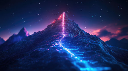 Stunning digital artwork featuring a mountain illuminated by a neon pathway under a starry sky, creating a surreal and atmospheric landscape perfect for visual projects.の素材