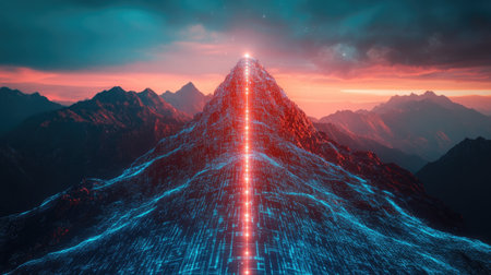 A breathtaking futuristic mountain landscape featuring a glowing pathway leading to a summit, set against a dramatic sunset sky with vibrant colors.の素材