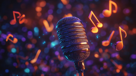 A vibrant vintage microphone surrounded by colorful music notes and a stunning bokeh background, perfect for themes of music, performance, and creativity.の素材