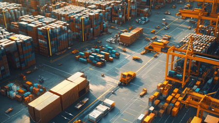 Aerial view of a bustling shipping yard filled with colorful containers and cranes. Trucks navigate the space while cargo operations proceed at sunset.の素材