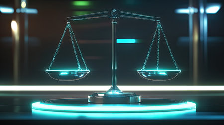 Stunning neon-lit scales of justice representing the balance of law and ethics. A visual symbol of fairness, equality, and legal integrity in modern society.の素材