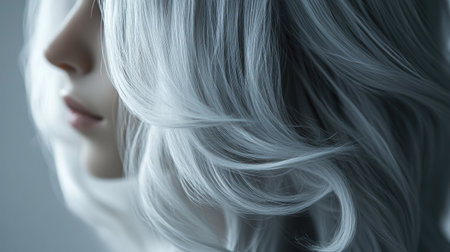 A stunning close-up of silver hair cascading gracefully around a serene face, highlighting exquisite texture and softness in a minimalist setting.の素材