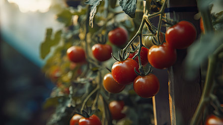 Lush red tomatoes hang from verdant vines in a tranquil garden setting. Soft sunlight illuminates the scene, highlighting the beauty of nature's bounty.の素材