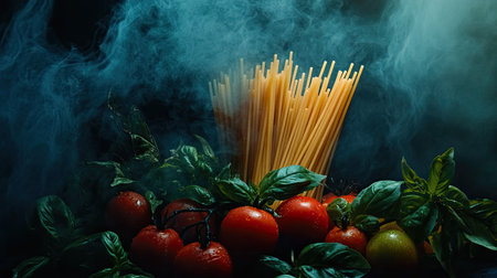 A captivating still life featuring vibrant tomatoes and pasta, elegantly arranged amidst swirling smoke, ideal for culinary art and food photography projects.の素材