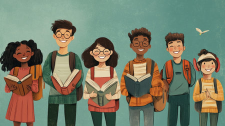 A vibrant illustration of a diverse group of happy students reading books. The characters showcase friendship and a love for learning, highlighting joy in literature.の素材