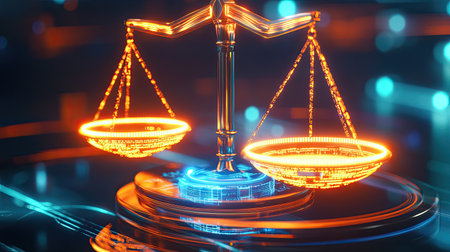 This image showcases a modern representation of the scales of justice, symbolizing fairness and equality in law using digital technology and vibrant illumination.の素材
