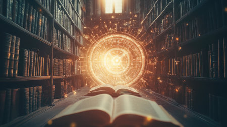 An enchanting library scene featuring an open book under a warm glow. Magical light sparks a sense of adventure and discovery within a world of knowledge.の素材