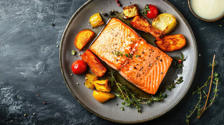A beautifully presented grilled salmon fillet served with colorful roasted vegetables, garnished with fresh herbs, perfect for a healthy meal.の素材