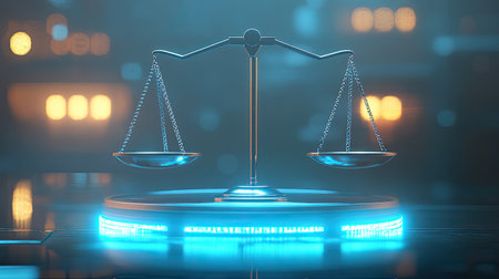 A modern legal scale illuminated with blue neon lights set in a dark environment, symbolizing justice and balance. Ideal for themes related to law and fairness.の素材