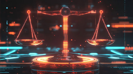 This image represents a futuristic digital interpretation of justice scales, symbolizing law, order, and balance in a modern world filled with technology and innovation.の素材