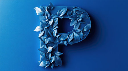A stunning blue letter design adorned with realistic leaves, creating a perfect blend of nature and creativity. Ideal for modern projects and themes.の素材