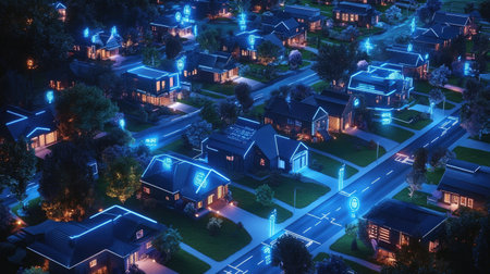 A stunning aerial view showcasing a vibrant urban neighborhood with illuminated smart homes. This scene captures the essence of modern living with technology-infused architecture.の素材