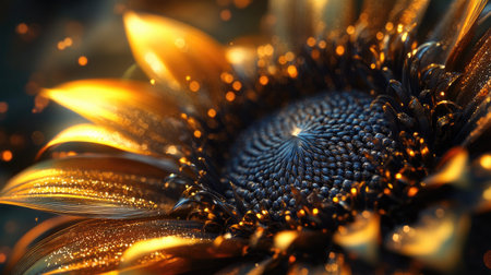 A close-up view of a sunflower petal showcasing stunning golden highlights. The intricate details and vibrant colors create a captivating visual experience perfect for nature-themed projects.の素材