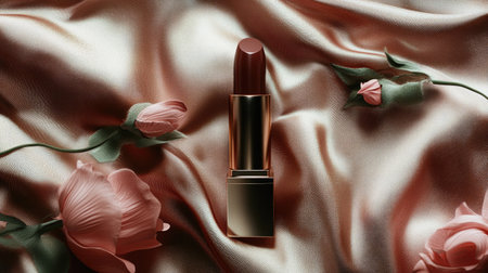 A stunning shot of a luxurious red lipstick elegantly placed on silky fabric, surrounded by delicate pink roses. Perfect for beauty and makeup themes.の素材