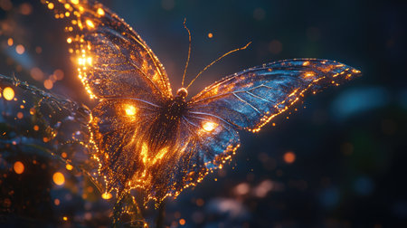 A stunning close-up of a glowing butterfly surrounded by sparkling particles in a mystical environment, capturing the essence of beauty and magic in nature.の素材