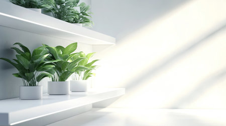 Brightly lit space features lush indoor plants on sleek white shelves, creating a tranquil and refreshing atmosphere for modern interiors.の素材