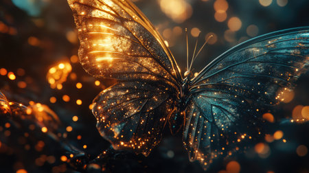 A breathtaking close-up of a butterfly with sparkling wings illuminated by soft light, capturing the essence of nature's beauty in a magical setting.の素材
