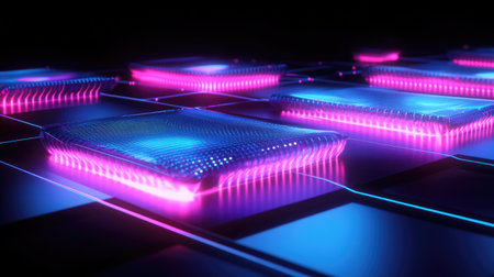 This vibrant abstract image features microchips illuminated by neon blue and pink lights, creating a futuristic atmosphere perfect for technology-themed projects.の素材