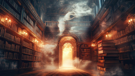A stunning library scene bathed in ethereal light, showcasing books and a mystical atmosphere, perfect for themes of knowledge, exploration, and imagination.の素材