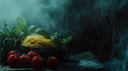 A captivating composition featuring fresh pasta, aromatic basil, and ripe tomatoes surrounded by a mysterious smoky atmosphere, perfect for culinary inspiration.の素材