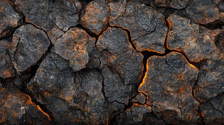 Stunning close-up of cracked volcanic rock showcasing glowing lava accents. This dramatic texture embodies nature's fierce beauty and geological wonder.の素材