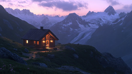 A tranquil mountain cabin at dusk, glowing warmly in the fading light, surrounded by majestic peaks, inviting peace and contemplation in nature's embrace.の素材