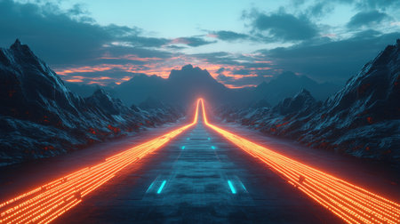 A vibrant futuristic road illuminated by neon lights stretches into the mountains at dusk, creating a surreal and adventurous pathway, captivating and dynamic.の素材