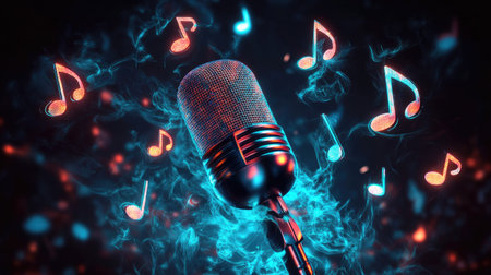 A visually stunning image of a vintage microphone surrounded by colorful music notes and swirling smoke. Perfect for representing music, sound, and creativity.の素材