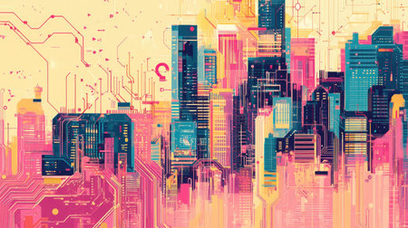 This stunning artwork features a vibrant futuristic cityscape, blending abstract shapes and neon colors. Perfect for showcasing creativity and technology in urban design.の素材