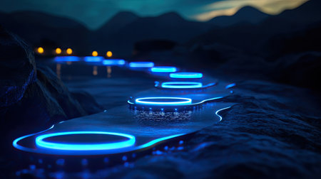A captivating scene featuring a glowing blue pathway on calm water, surrounded by a serene landscape. Ideal for themes of tranquility and adventure.の素材
