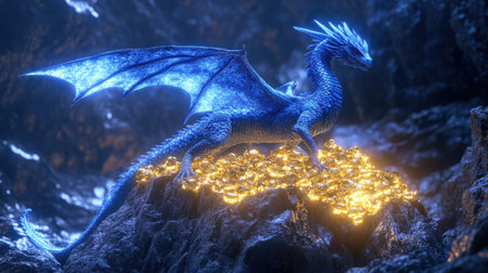 A stunning blue dragon majestically stands atop a glowing treasure in an enchanting cave. This fantasy scene captivates with its vibrant colors and mystical ambiance.の素材