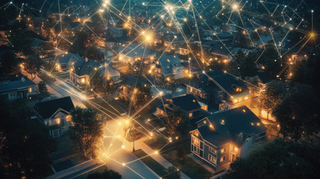 Aerial view of an urban neighborhood at night, illuminated by streetlights and interconnected with digital network lines, showcasing modern connectivity and technology.の素材
