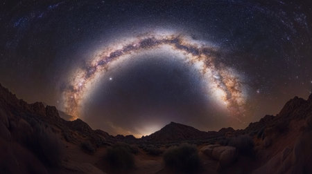 Captivating view of the Milky Way arching over a serene desert landscape. This stunning night sky photo showcases the beauty of stars and cosmic wonders.の素材