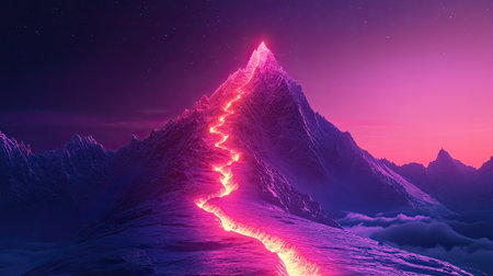 A stunning representation of a mountain at sunset with flowing lava, creating a vibrant contrast against a starry sky. The scene captures the beauty of nature dramatically.の素材