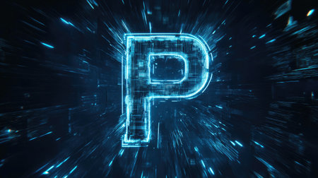This futuristic digital rendering features the letter P in blue light effects, surrounded by a data burst, creating a sci-fi atmosphere perfect for technology themes.の素材