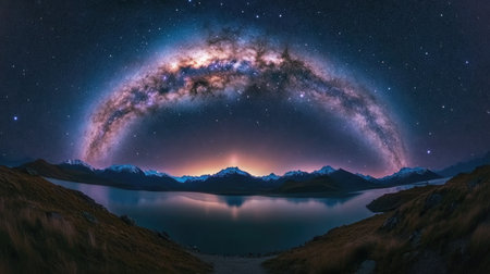 Stunning panorama of the Milky Way illuminating the night sky over a calm mountain lake, creating a serene and breathtaking landscape ideal for nature lovers.の素材