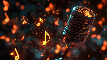 This image features a microphone set against a dynamic background of glowing music notes, capturing the essence of sound and creativity in an exciting atmosphere.の素材