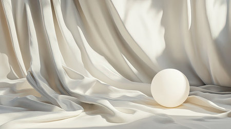 A serene composition of soft white fabric draped elegantly with a round light object. The gentle textures and shadows create a calming atmosphere ideal for modern decor.の素材