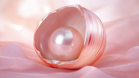 A stunning pink shell cradles a luminous pearl, set against a soft satin surface. This image embodies elegance, beauty, and tranquility, perfect for showcasing luxury.の素材