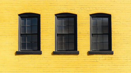 Captivating image of a vibrant yellow wall featuring three black framed windows. The interplay of color and architecture creates a striking visual appeal.の素材