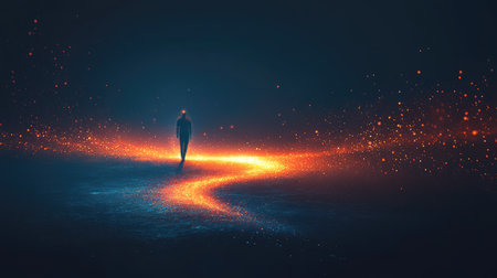 A solitary figure walks along an ethereal, glowing pathway surrounded by vibrant particles. This captivating scene evokes feelings of wonder, tranquility, and exploration.の素材