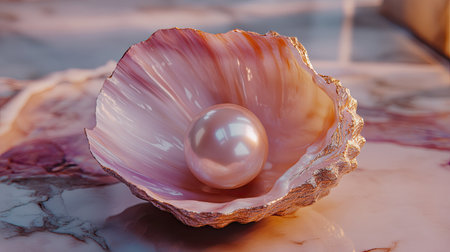 A stunning pink pearl rests inside a beautifully textured shell, set against a marble background. This image captures elegance and natural beauty.の素材