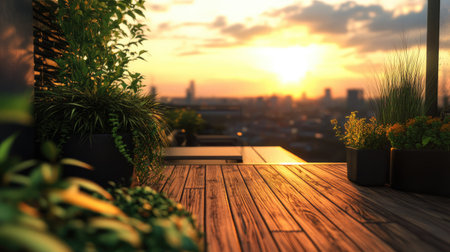 Experience a tranquil sunset view from a modern balcony adorned with lush greenery. This serene outdoor space captures the beauty of nature and urban life.の素材