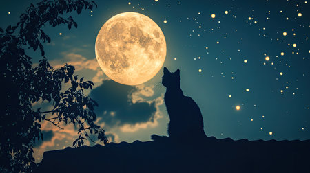 A serene silhouette of a cat sits atop a roof under a luminous full moon, surrounded by a canvas of stars and gentle clouds, evoking tranquility and mystery.の素材
