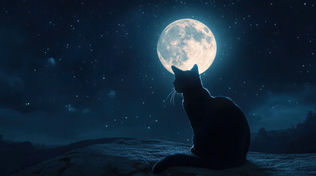 A captivating silhouette of a cat sits serenely against a radiant full moon in a starry night sky, creating a peaceful and magical atmosphere.の素材