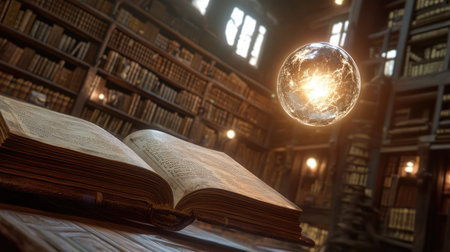 An enchanting scene features an open book with a glowing sphere above it in a vintage library. Ideal for themes of magic, knowledge, and discovery.の素材