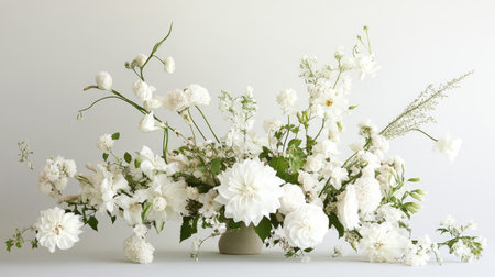 A stunning white floral arrangement featuring various blooms and lush greenery, perfect for evoking elegance and freshness in any setting or occasion.の素材